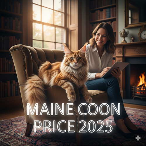 Giá mèo Maine Coon năm 2025 trong không gian phòng khách ấm, mèo lớn ngồi trên ghế cạnh người phụ nữ