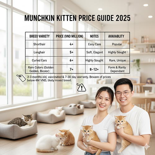 Bảng giá mèo Munchkin con 2025 với các dòng lông ngắn, lông dài, tai cụp, mắt 2 màu và màu hiếm; cặp đôi bế mèo trong không gian petshop.