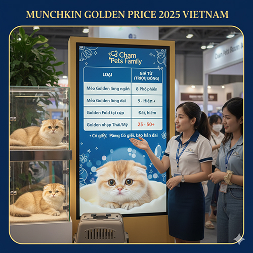 Gian hàng Chạm Pets Family với bảng giá mèo Munchkin Golden 2025, nhân viên tư vấn và các bé mèo Golden dễ thương trưng bày trong lồng kính.