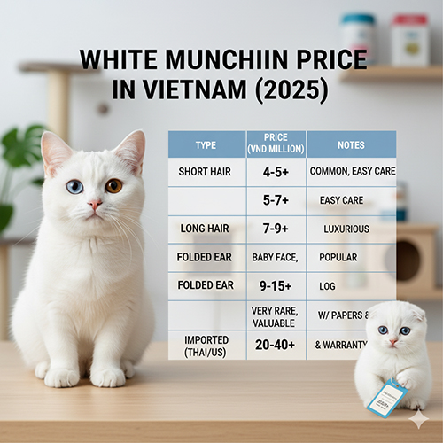 Bảng giá mèo Munchkin trắng tại Việt Nam hiển thị theo loại: lông ngắn, lông dài, tai cụp, mắt hai màu và nhập khẩu, bên cạnh mèo trắng mắt hai màu đáng yêu.