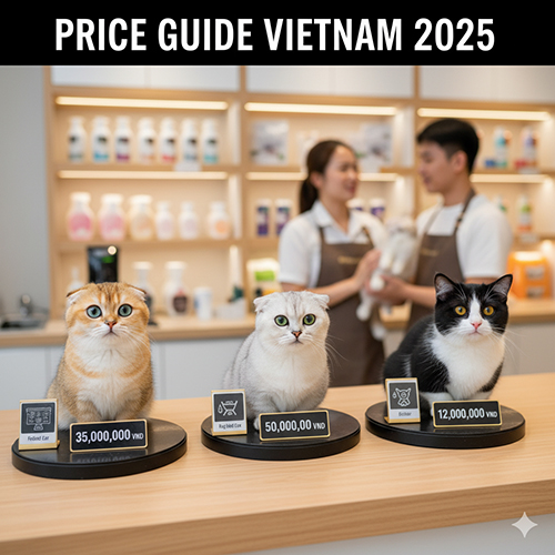 Ba chú mèo Munchkin ngồi trên bục trưng bày có ghi giá lần lượt 35 triệu, 50 triệu và 12 triệu đồng, phía sau là hai nhân viên chăm sóc mèo trong cửa hàng thú cưng tại Việt Nam.