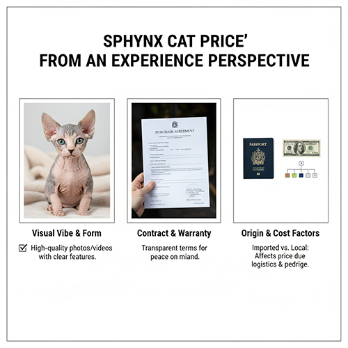 Infographic ba yếu tố ảnh hưởng giá mèo Sphynx: form – vibe, hợp đồng bảo hành và nguồn gốc