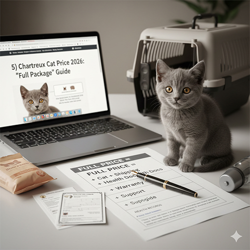 Meo Chartreux con ben canh laptop hien thi bang gia va cac giay to y te di kem