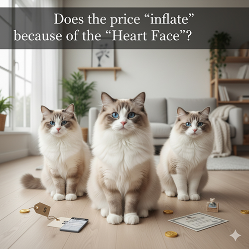 Ba mèo Ragdoll bicolor ngồi cạnh nhau với form và pattern khác nhau, minh họa việc giá phụ thuộc tổng thể chứ không riêng “mặt tim”