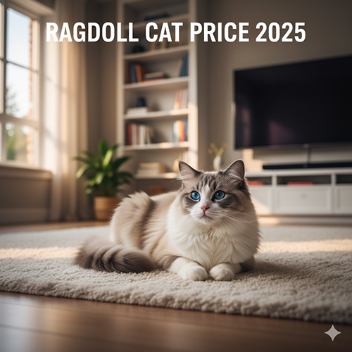 Mèo Ragdoll ngồi trên thảm trong phòng khách sáng, dùng cho mục khung giá nhanh và các yếu tố làm chênh lệch giá năm 2025