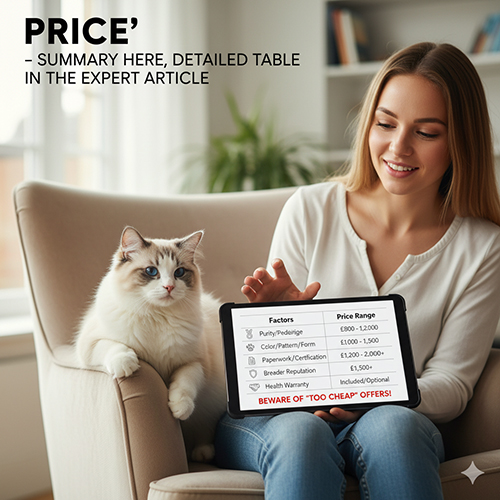 Người phụ nữ cầm máy tính bảng hiển thị bảng giá Ragdoll, bên cạnh là một bé mèo Ragdoll đang nhìn theo.