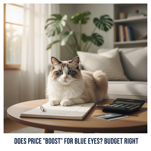 Mèo Ragdoll mắt xanh ngồi trên bàn cạnh sổ ghi chép và máy tính, minh họa việc cân nhắc ngân sách