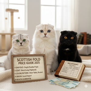 Ba mèo tai cụp Scottish Fold với màu lông xám, trắng và đen ngồi cạnh bảng hướng dẫn giá và ví tiền – minh họa cho bài viết về giá mèo tai cụp.