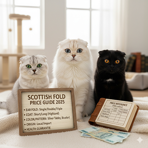 Ba mèo tai cụp Scottish Fold với màu lông xám, trắng và đen ngồi cạnh bảng hướng dẫn giá và ví tiền – minh họa cho bài viết về giá mèo tai cụp.