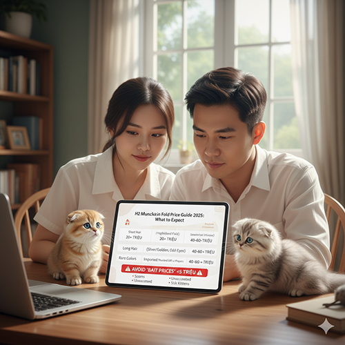 Cặp đôi đang xem bảng giá mèo Munchkin Fold 2025 trên máy tính bảng cùng hai chú mèo tai cụp chân ngắn ngồi bên cạnh