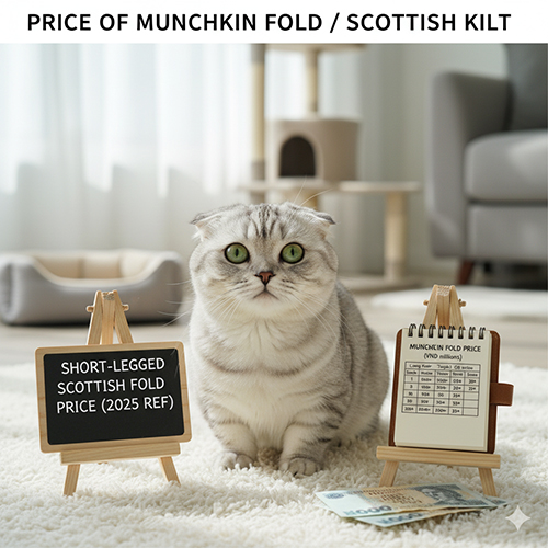 Mèo tai cụp chân ngắn Scottish Fold ngồi cạnh bảng giá tham khảo năm 2025, minh họa cho dòng Munchkin Fold / Scottish Kilt.