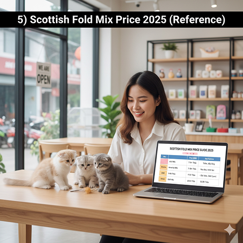 Người phụ nữ ngồi trong quán cà phê cùng ba bé mèo con tai cụp trên bàn, laptop hiển thị bảng giá mèo Scottish Fold lai năm 2025 với các mức giá tham khảo theo giống phối.
