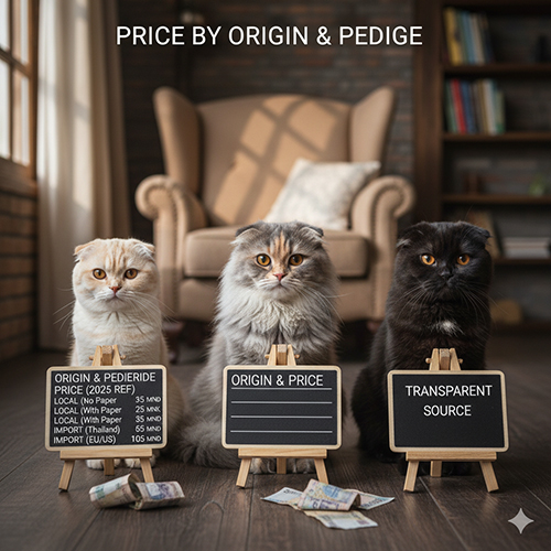Ba mèo tai cụp Scottish Fold với bảng giá theo nguồn gốc và giấy tờ, minh họa sự chênh lệch giữa mèo nội địa và mèo nhập khẩu có pedigree.