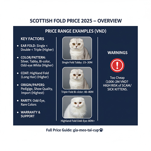 Ba bé mèo Scottish Fold được trình bày theo mức giá khác nhau, kèm bảng yếu tố định giá như độ cụp tai, màu lông, nguồn gốc và cảnh báo mèo giá rẻ
