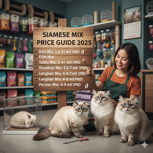 Nhân viên cửa hàng thú cưng ngồi cạnh nhóm mèo Xiêm lai lông dài và ngắn, phía sau là bảng giá tham khảo cho từng dòng lai.