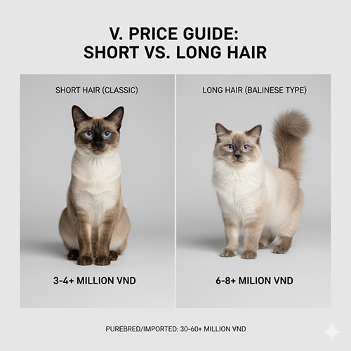 Bảng so sánh giá mèo Xiêm lông ngắn và lông dài, minh họa sự khác biệt về mức giá theo loại lông và xuất xứ