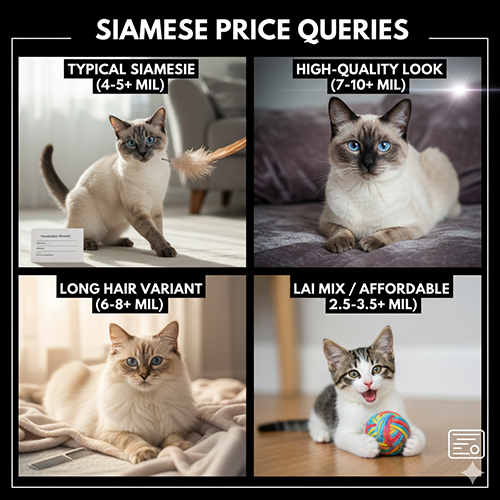 Bộ ảnh tổng hợp 4 nhóm mèo Xiêm theo mức giá: phổ thông, ngoại hình đẹp, lông dài và lai giá mềm