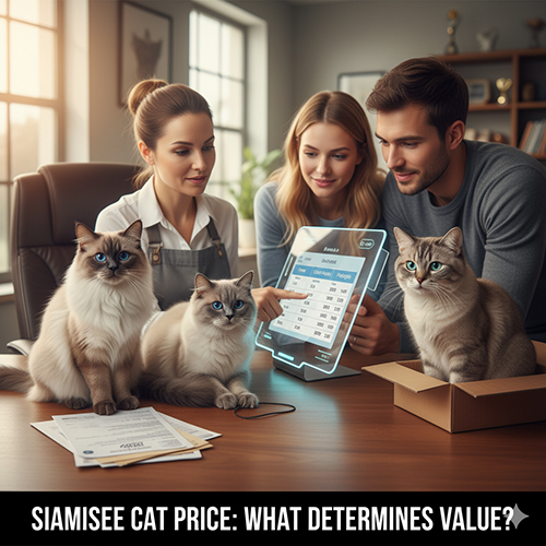 Cặp đôi cùng chuyên gia xem bảng giá mèo Xiêm với ba chú mèo khác màu ngồi trên bàn, biểu tượng cho định giá và chọn mua thông minh
