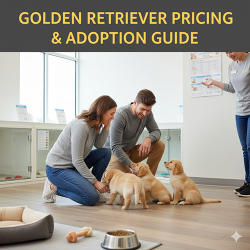 Cặp đôi đang chơi với đàn chó Golden con trong cửa hàng thú cưng – ảnh minh họa giá và nơi mua Golden Retriever