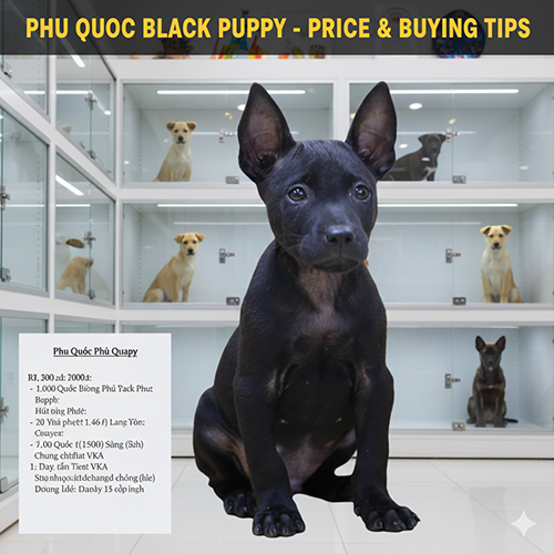 Chó Phú Quốc đen con ngồi trong chuồng kính, ngoại hình săn chắc, ánh mắt lanh lợi