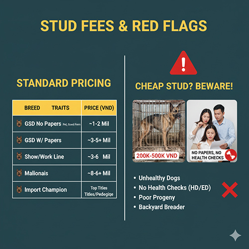 Ảnh so sánh mặt bằng giá phối giống Becgie Đức/Bỉ với cảnh báo rủi ro từ dịch vụ đực giống giá rẻ không kiểm định sức khỏe.