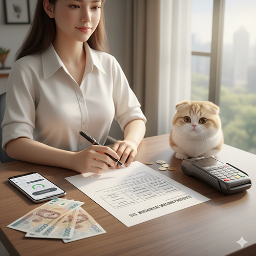 Nữ nhân viên điền phiếu giá phối giống mèo Munchkin trên bàn có tiền mặt, máy POS và mèo ngồi cạnh, minh họa bảng giá và chính sách hoàn phí.