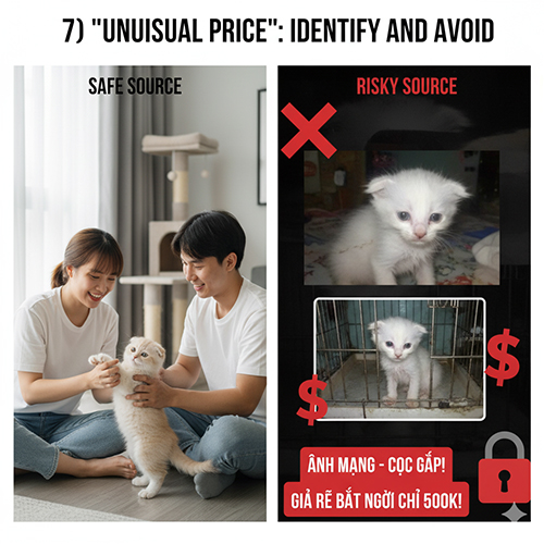 So sánh hai hình ảnh: bên trái là gia đình mua mèo từ nguồn uy tín, bên phải là mèo con trong lồng với cảnh báo “giá rẻ bất ngờ chỉ 500k” – minh họa cách nhận diện tin rao nguy hiểm khi mua mèo tai cụp lai ta.