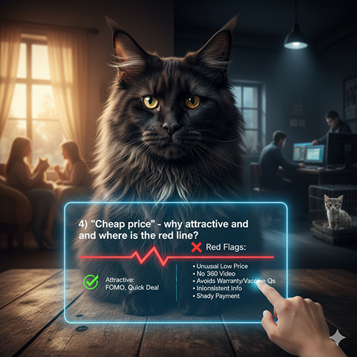 Ảnh minh họa cảnh báo “giá rẻ” khi mua mèo Maine Coon với các dấu hiệu red flags và rủi ro đi kèm.