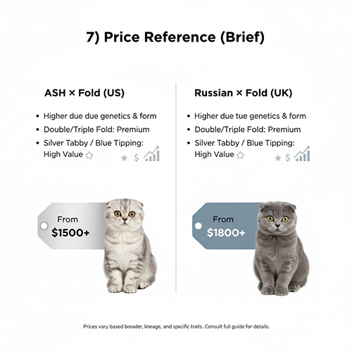 Hai chú mèo Scottish Fold lai American Shorthair và Russian Blue ngồi cạnh bảng giá tham khảo với mức từ 1500 và 1800 đô la Mỹ