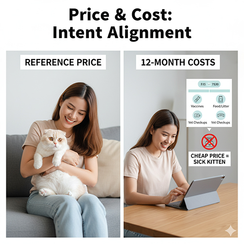 Cô gái ôm mèo Scottish Fold và so sánh chi phí nuôi 12 tháng, minh họa khái niệm giá tham chiếu và chi phí thực tế