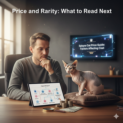Người đàn ông đang xem bảng giá và yếu tố ảnh hưởng giá mèo Sphynx, bên cạnh một bé mèo không lông ngồi trên gối