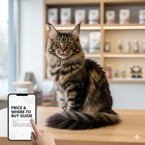 Mèo Maine Coon ngồi trên quầy pet shop cạnh điện thoại hiển thị hướng dẫn giá và nơi mua.