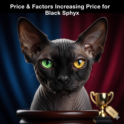 Mèo Sphynx đen với hai mắt khác màu ngồi trước phông nền sang trọng, cạnh một chiếc cúp tượng trưng cho chất lượng và giá trị