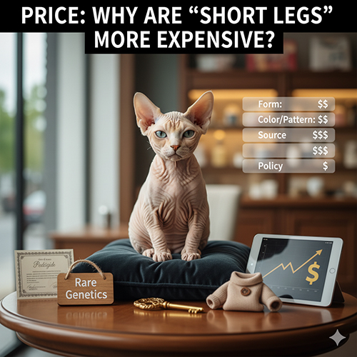 Một bé mèo không lông chân ngắn ngồi trên đệm xanh, cạnh giấy phả và máy tính bảng hiển thị biểu đồ giá; minh họa lý do mèo chân ngắn thường có giá cao hơn