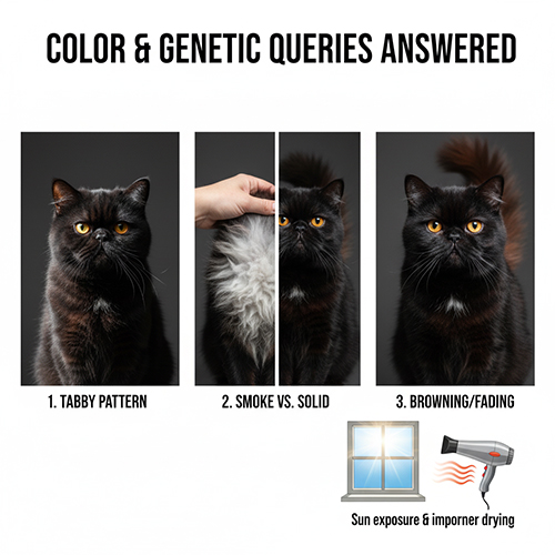 Ba ví dụ minh họa tabby ẩn, phân biệt smoke và solid, và hiện tượng lông đen ngả nâu ở mèo Ba Tư
