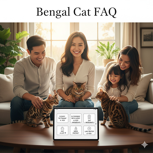 Gia đình vui vẻ bên ba mèo Bengal trên bàn, cùng xem bảng câu hỏi thường gặp về giống mèo này.