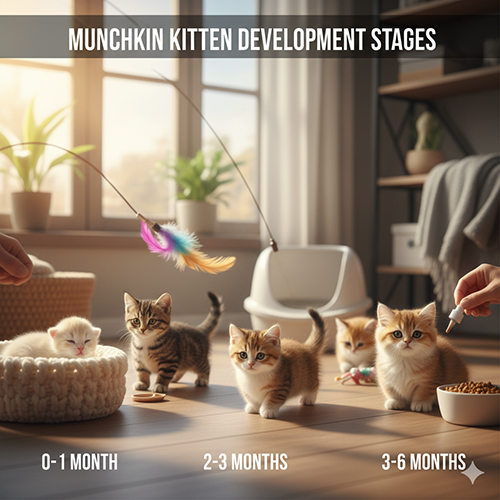 Các giai đoạn phát triển của mèo chân ngắn con: nhiều bé Munchkin trong phòng khách, đồ chơi lông vũ, khay cát và bát ăn; mốc 0–1 tháng, 2–3 tháng, 3–6 tháng.
