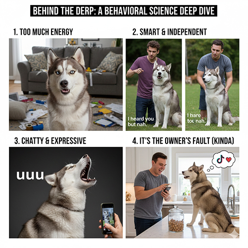 Hình minh họa khoa học hành vi giải thích vì sao chó Husky bị gọi là ngáo với các tình huống thường gặp