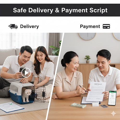 Cặp đôi nhận mèo Scottish Fold từ lồng vận chuyển và ký hợp đồng thanh toán, minh họa quy trình giao nhận an toàn