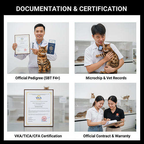 Bác sĩ và nhân viên trại mèo kiểm tra giấy phả hệ, microchip và chứng nhận mèo Bengal thuần chủng SBT F4+