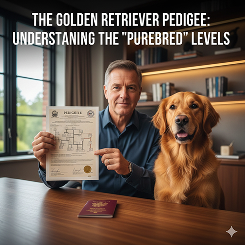 Chủ nhân cầm giấy phả hệ bên cạnh một bé Golden thuần chủng, minh họa mức độ thuần và ý nghĩa giấy tờ