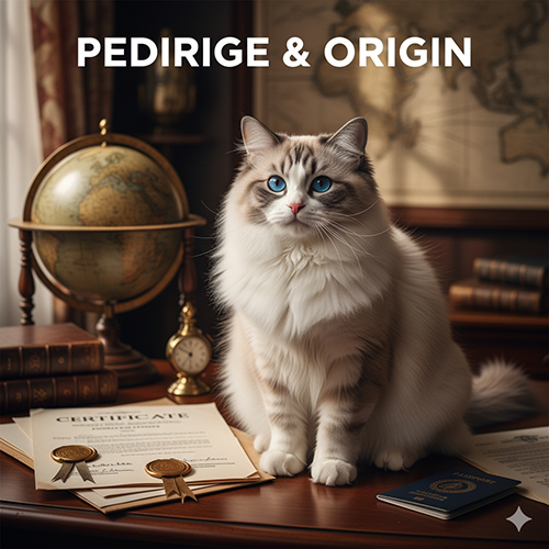 Mèo Ragdoll ngồi trên bàn cùng giấy chứng nhận và hộ chiếu thú cưng, minh họa phần giấy tờ phả hệ và nguồn gốc