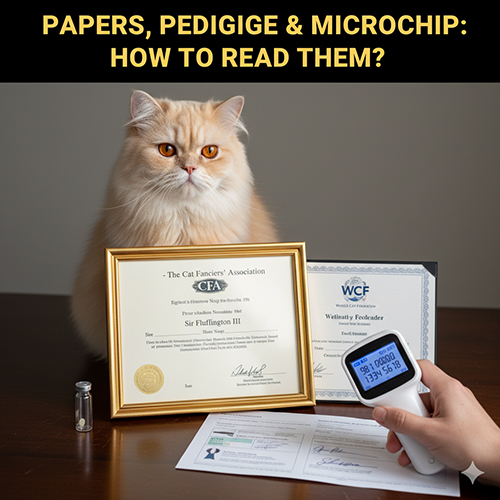 Mèo Ba Tư ngồi trước giấy phả CFA và WCF, kèm thiết bị quét microchip để minh họa cách đọc hồ sơ.