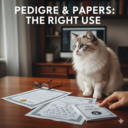 Mèo Ragdoll ngồi bên bàn có giấy tờ phả hệ và tài liệu đăng ký giống