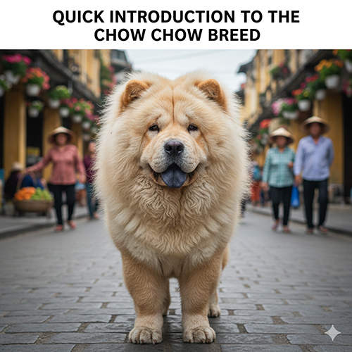 Chó Chow Chow lông xù đứng giữa phố cổ, ngoại hình chắc nịch và gương mặt nghiêm túc đặc trưng