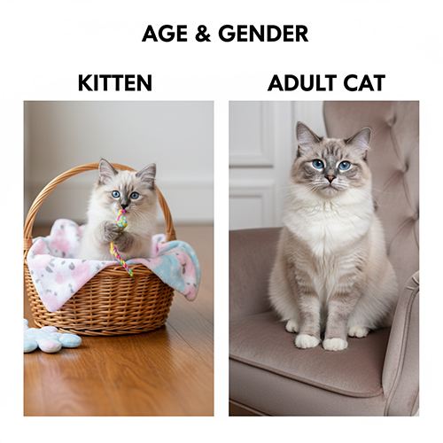 So sánh mèo Ragdoll kitten và mèo trưởng thành để minh họa chênh lệch giá theo độ tuổi và giới tính