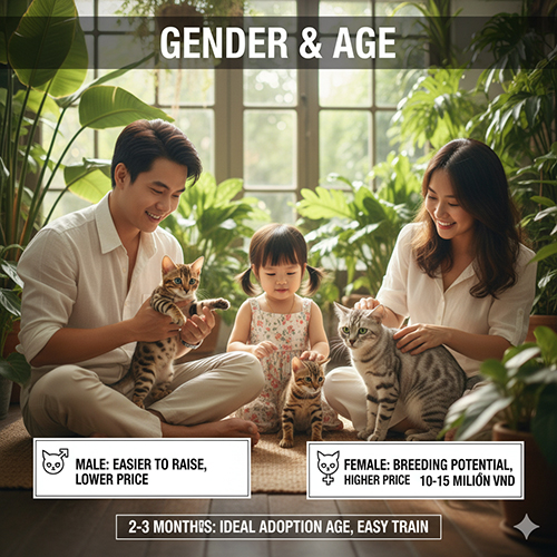 Giới tính và độ tuổi ảnh hưởng đến giá mèo Bengal – mèo cái sinh sản giá cao hơn, mèo đực dễ nuôi hơn
