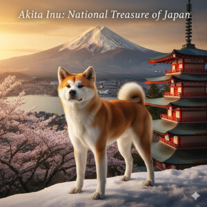 Hình ảnh chó Akita Inu đứng trước núi Phú Sĩ và hoa anh đào, biểu tượng bảo vật quốc gia Nhật Bản