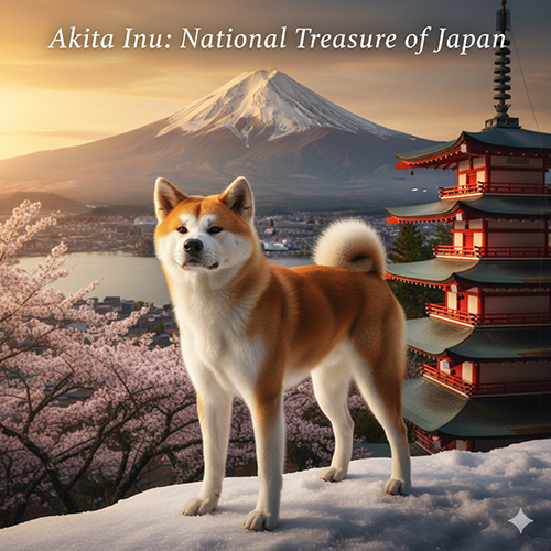 Hình ảnh chó Akita Inu đứng trước núi Phú Sĩ và hoa anh đào, biểu tượng bảo vật quốc gia Nhật Bản