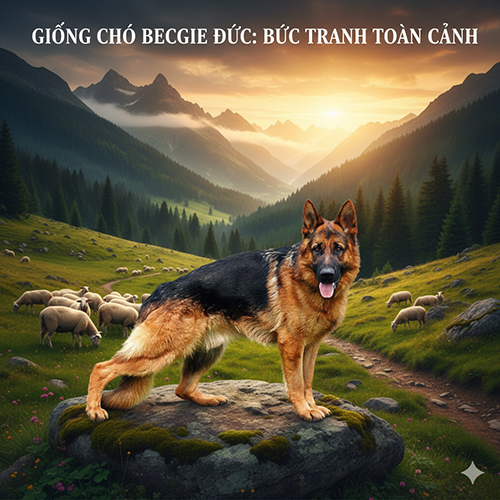 Giống chó Becgie Đức đứng trên tảng đá giữa đồng cỏ, phía sau là đàn cừu và núi rừng hùng vĩ
